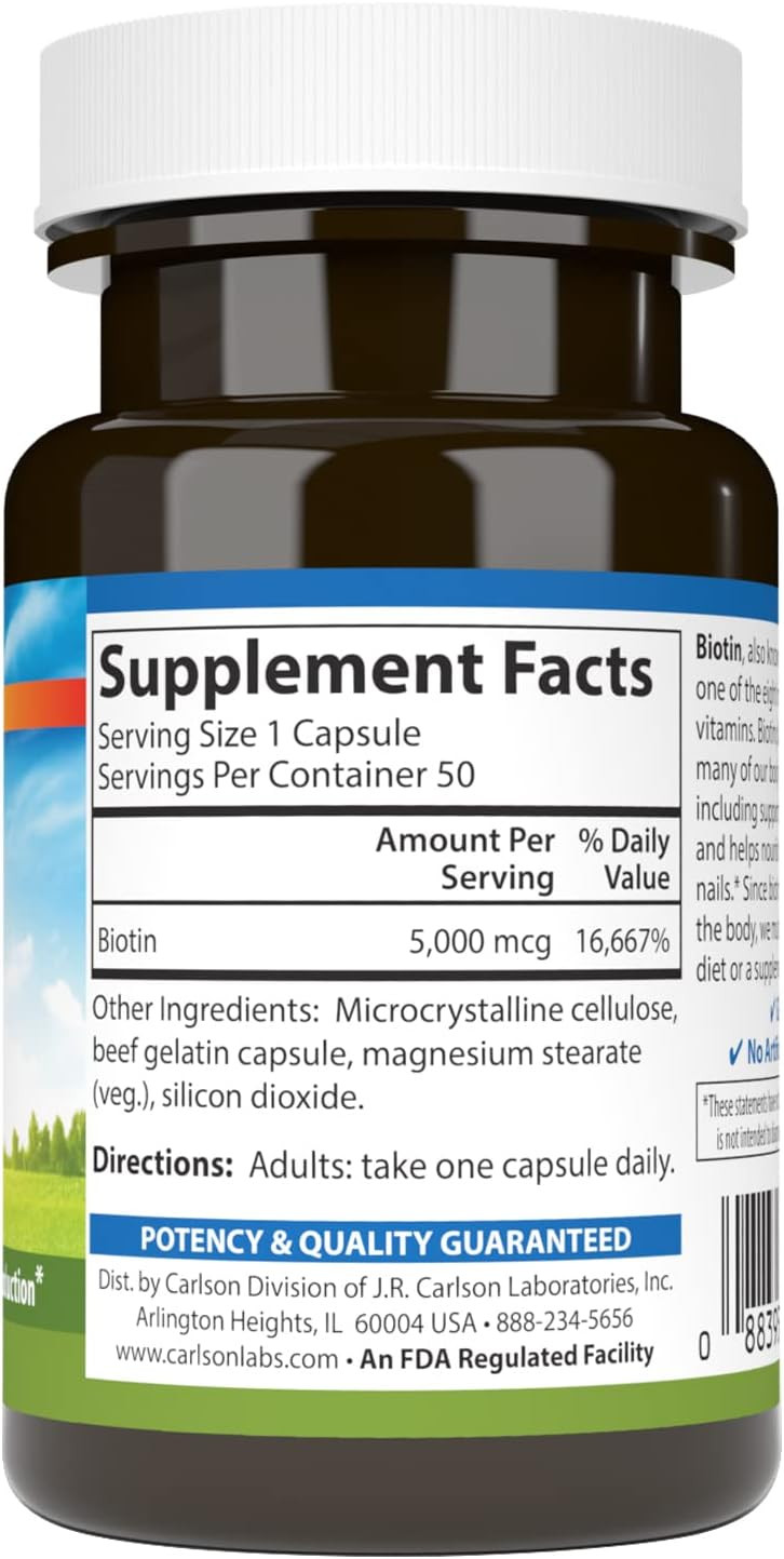 Carlson - Biotin, 5000 Mcg, Healthy Hair, Strong Nails & Energy Production, 100 Capsules