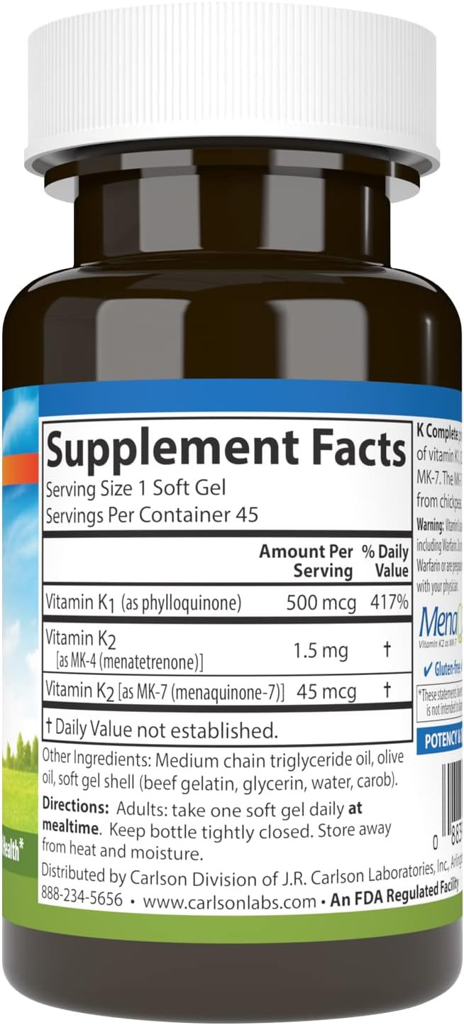 Carlson - K Complete, K1 & K2 As Mk-4 & Mk-7, Promotes Bone & Cardiovascular System Health, 45 Softgels