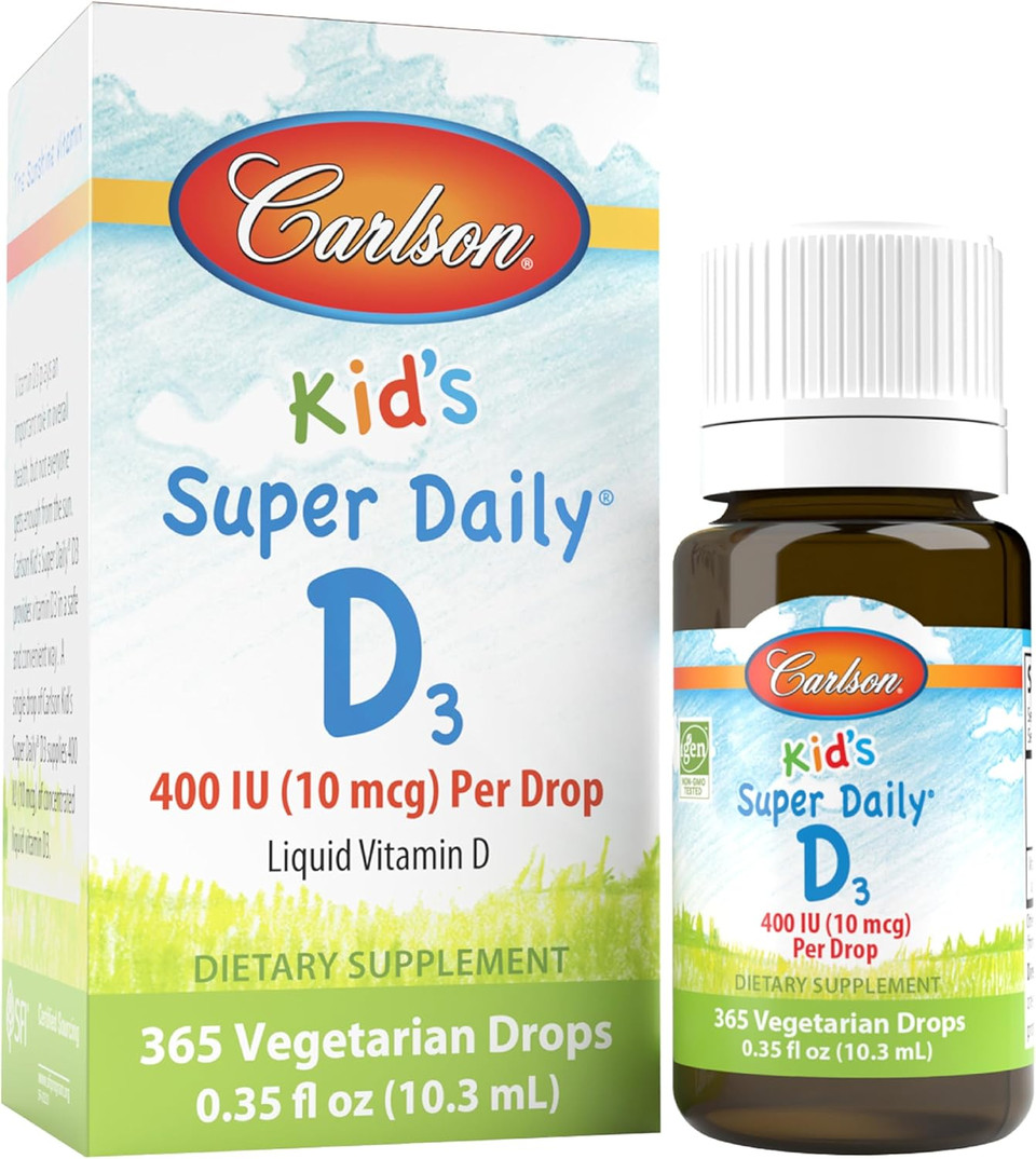 Carlson - Kid'S Super Daily D3, Vitamin D Drops For Kids, 400 Iu Per Drop, 1-Year Supply, Heart & Immune Health, Vegetarian, Liquid Vitamin D Drops, Unflavored, 365 Drops