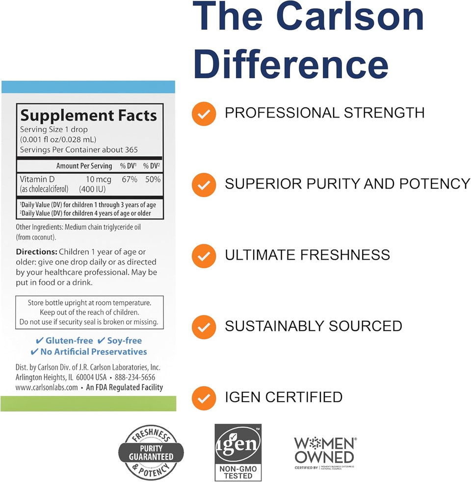Carlson - Kid'S Super Daily D3, Vitamin D Drops For Kids, 400 Iu Per Drop, 1-Year Supply, Heart & Immune Health, Vegetarian, Liquid Vitamin D Drops, Unflavored, 365 Drops
