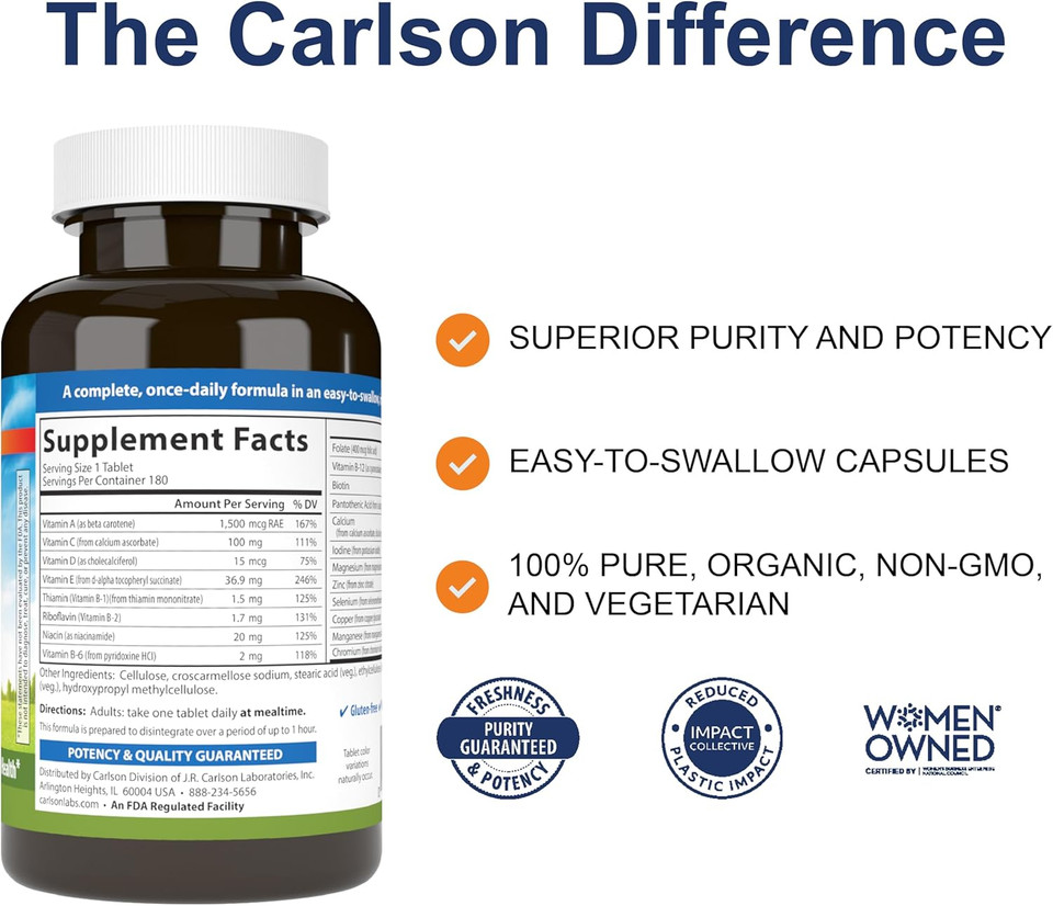 Carlson - Mini-Multi, Small Multivitamin Tablets, Vitamins & Minerals, Immune Support & Heart Health, Optimal Wellness, Mini Multivitamins, Multivitamin Mini Tabs, Easy To Swallow, 180 Mini Tablets