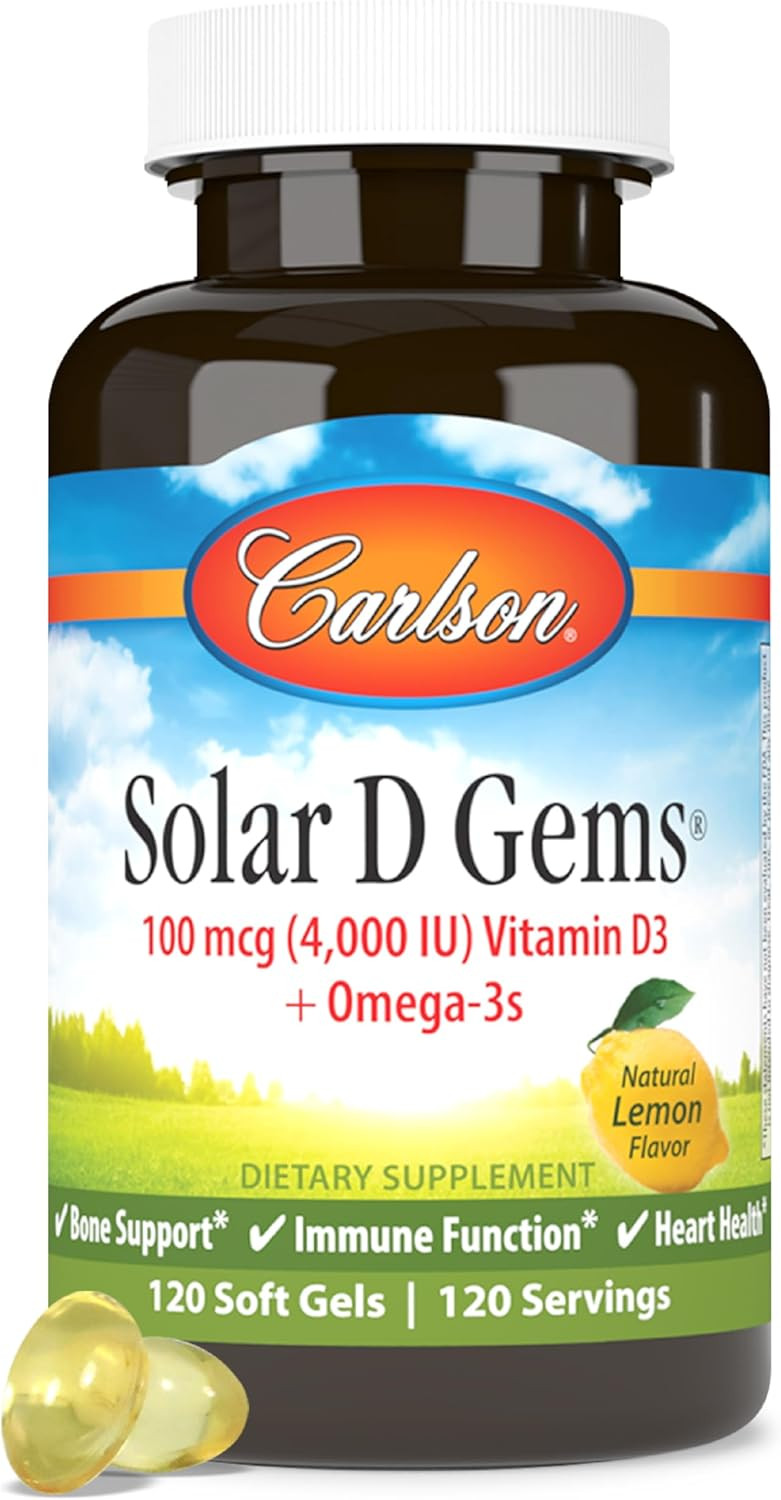 Carlson - Solar D Gems, Vitamin D3 And Omega-3 Supplement, 4000 Iu (100 Mcg) D3, 115 Mg Omega-3 Epa And Dha, Vitamin D Fish Oil Capsule, Bone & Immune Health, Vitamin D Supplement, Lemon, 120 Softgels