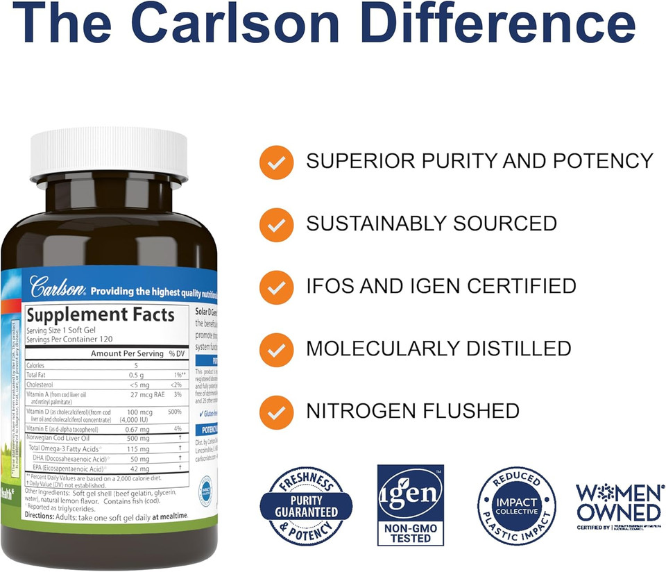 Carlson - Solar D Gems, Vitamin D3 And Omega-3 Supplement, 4000 Iu (100 Mcg) D3, 115 Mg Omega-3 Epa And Dha, Vitamin D Fish Oil Capsule, Bone & Immune Health, Vitamin D Supplement, Lemon, 120 Softgels