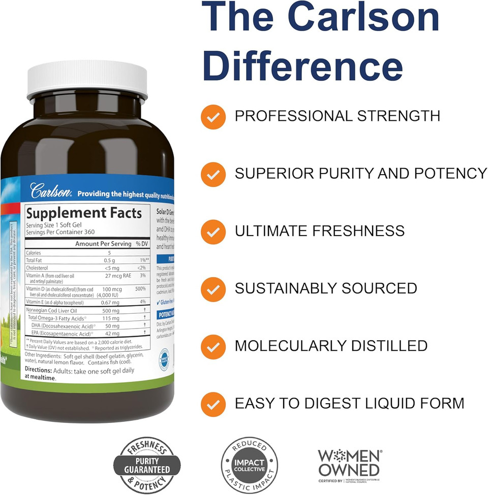 Carlson - Solar D Gems, Vitamin D3 And Omega-3 Supplement, 4000 Iu (100 Mcg) D3, 115 Mg Omega-3 Epa And Dha, Vitamin D Fish Oil Capsule, Bone & Immune Health, Vitamin D Supplement, Lemon, 360 Softgels