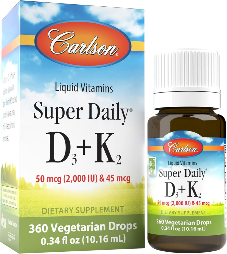 Carlson - Super Daily D3 + K2, 50 Mcg D3 + 45 Mcg Mk-7, Heart & Bone Health, 90 Liquid Drops, 2.54 Ml