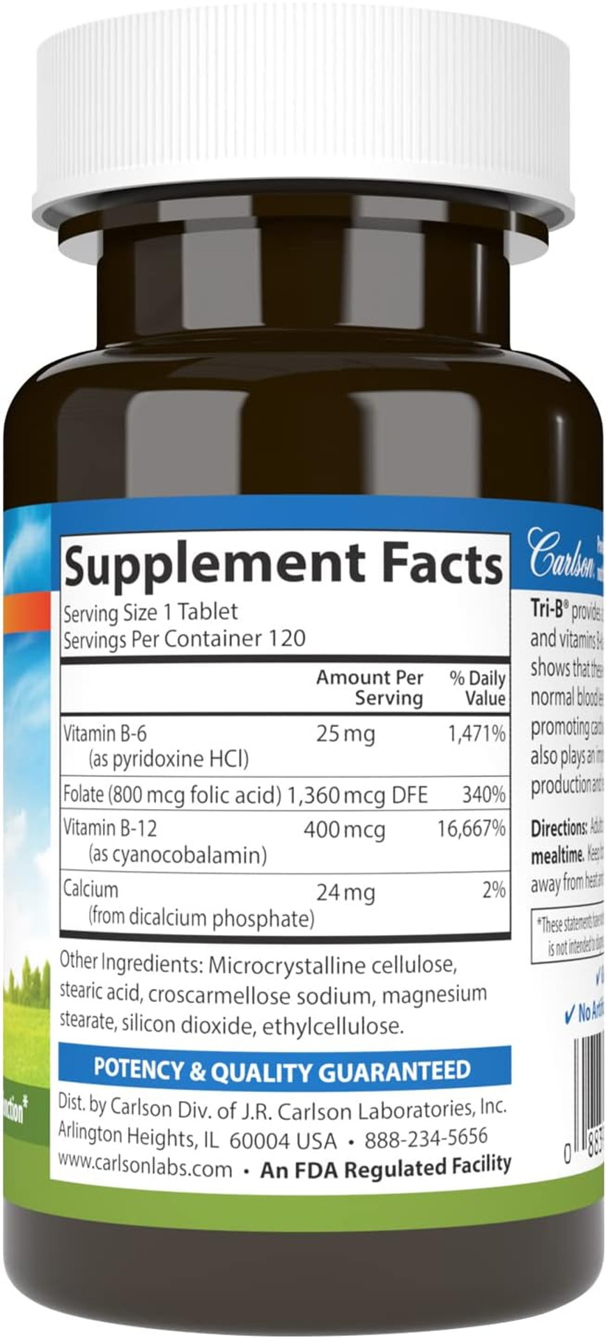 Carlson - Tri-B, Vitamin B Complex, 25 Mg Vitamin B-6, 400 Mcg Vitamin B-12, Folic Acid Energy Pills, Promote Cardiovascular Health, B Complex Vitamins, B12 Supplement, B Vitamin Complex, 360 Tablets