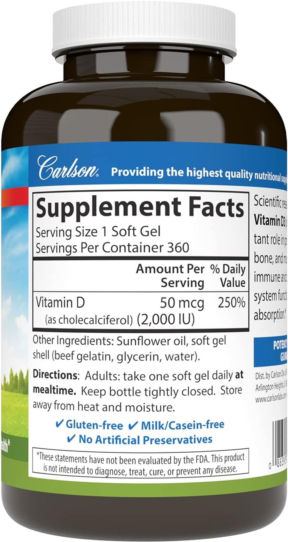 Carlson - Vitamin D3, 2000 Iu (50 Mcg), Bone Health, Muscle Health, Cholecalciferol, Vitamin D Supplements, Vitamin D3 Soft Gels, 360 Softgels