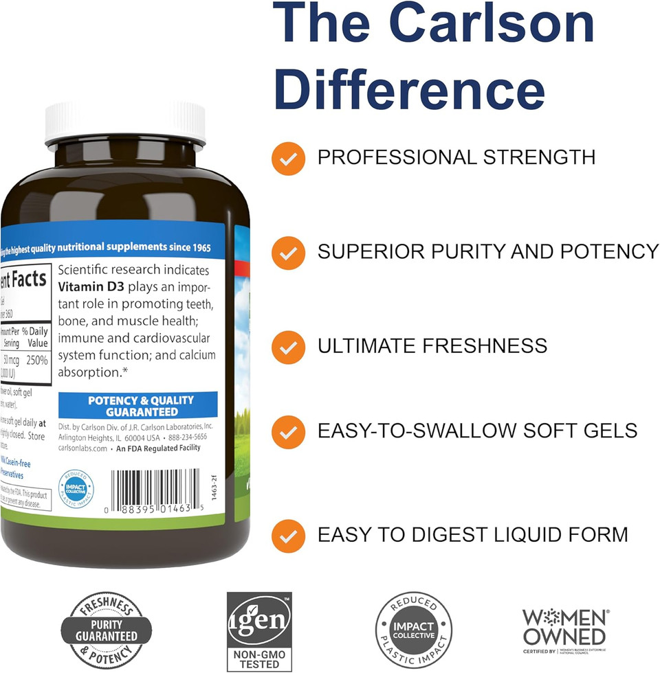 Carlson - Vitamin D3, 2000 Iu (50 Mcg), Immune Support, Bone Health, Muscle Health, Cholecalciferol, Vitamin D Supplements, Vitamin D3 Soft Gels, 120 Softgels