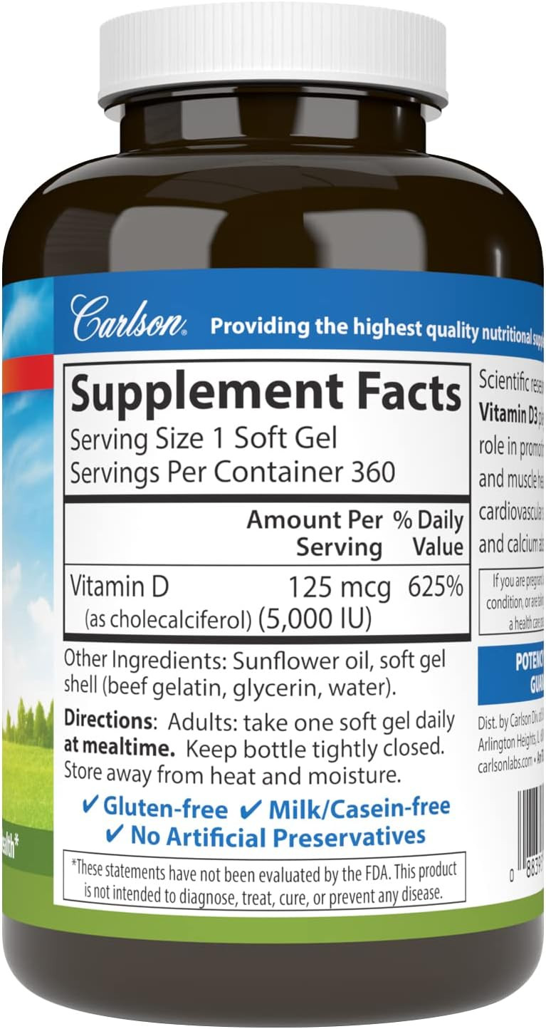 Carlson Vitamin D3 5,000 Iu, Bone Health, 360 Soft Gels