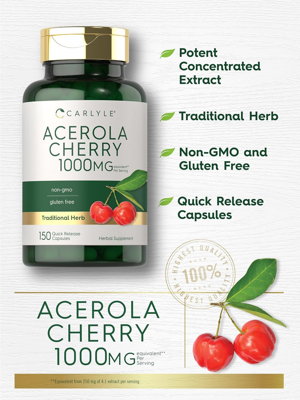 Carlyle Acerola Cherry Extract Pills | 1000Mg | 150 Capsules | Acerola Berry | Non-Gmo & Gluten Free Extract