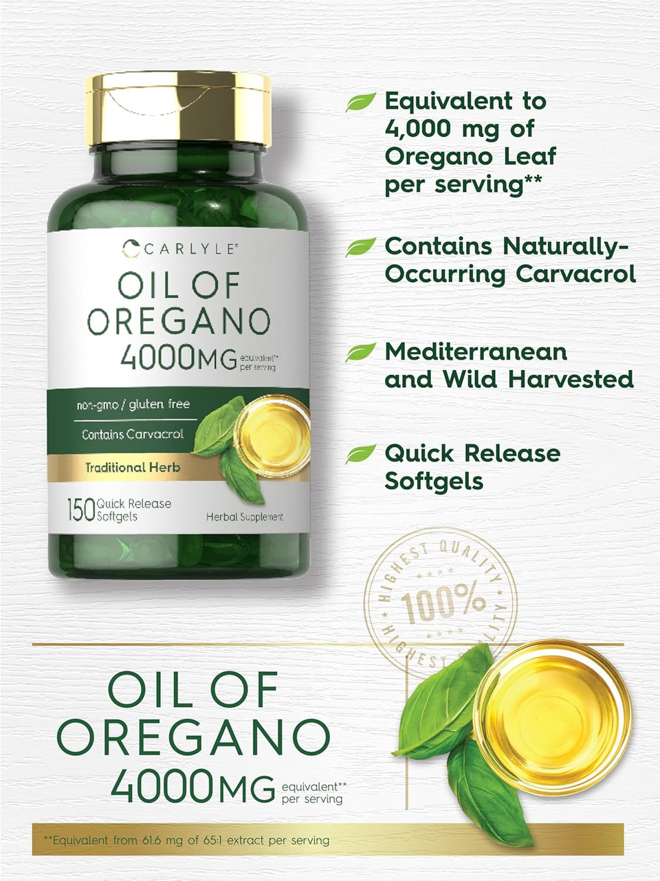 Carlyle Oregano Oil 4000Mg Supplement | 150 Softgel Capsules | Contains Carvacrol | Non-Gmo & Gluten Free Formula