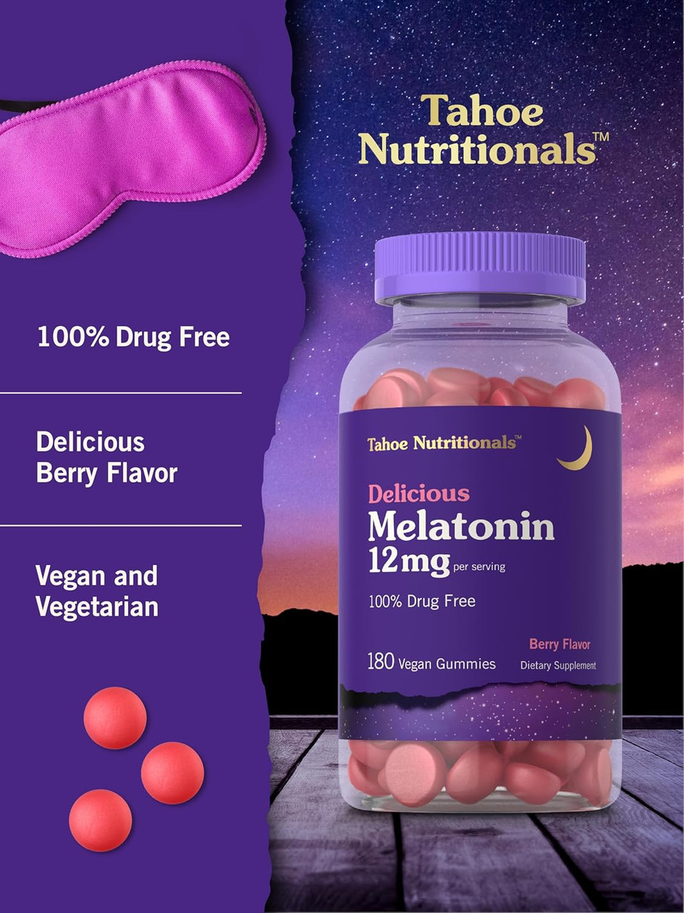 Carlyle Tahoe Nutritionals Melatonin Gummies 12Mg | 180 Count | Berry Flavor Gummy | Drug Free Supplement | Vegan, Non-Gmo, Gluten Free