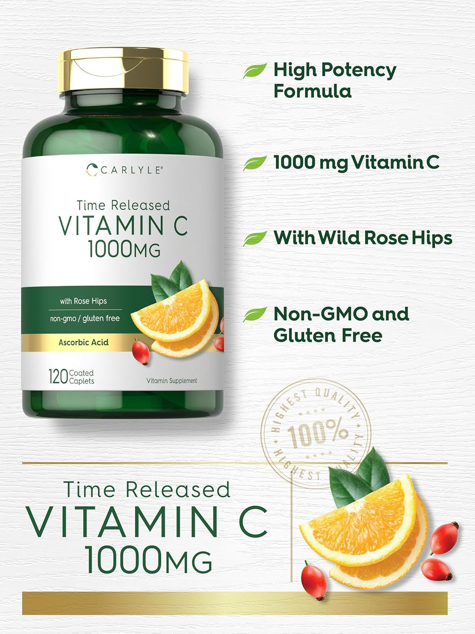 Carlyle Vitamin C 1000Mg | 120 Caplets | With Rose Hips | Supplement For Women And Men | As Ascorbic Acid | Time Release | Vegetarian, Non-Gmo, And Gluten Free
