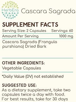 Cascara Sagrada 60 Capsules, 500 Mg, Responsibly Farmed Cascara Sagrada (Frangula Purshiana) Dried Bark (60 Capsules)