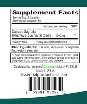 Cascara Sagrada Natural Laxative Regularity 1000Mg 100 Capsules