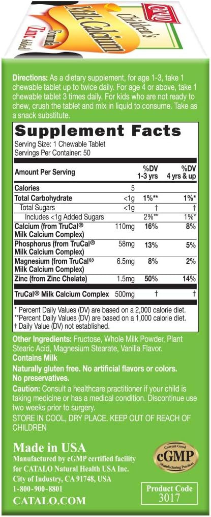 Catalo Toddler ChildrenS Milk Calcium Formula With Zinc Added - Trucal® Milk Calcium, Phosphorus, Magnesium, And Chelated Zinc - Vanilla Flavor, 100 Chewable Tablets