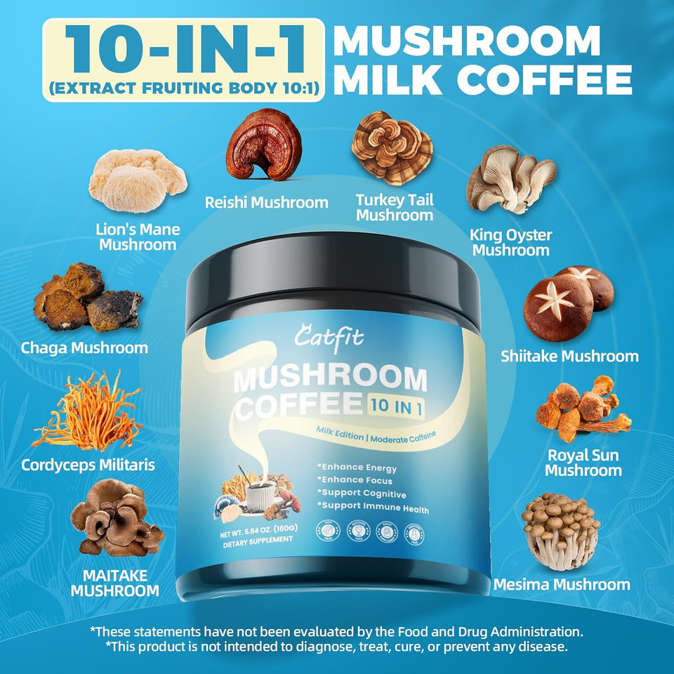 Catfit Mushroom Coffee,10 Adaptogenic Mushrooms And Milk Powder Mct Oil, Hydrolyzed Collagen, Instant Coffee With Lion'S Mane, Chaga, Cordyceps, L-Theanine For Energy, Focus, Digestion And Immunity, 160G