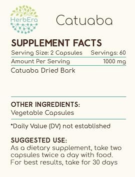 Catuaba 120 Capsules, 500 Mg, Wildcrafted Catuaba (Erythroxylum Catuaba) Dried Bark (120 Capsules)