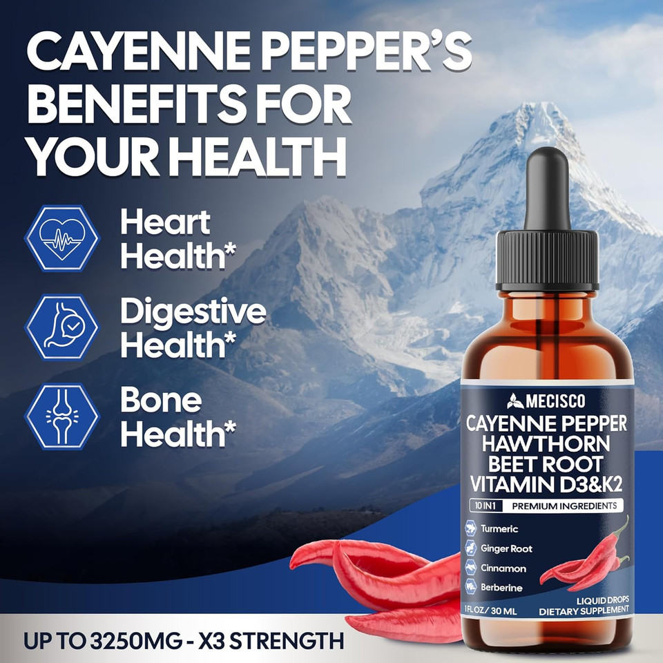 Cayenne Pepper Liquid Drops With Vitamin D3, Vitamin K2, Hawthorn Berry, Beet Root, Ginger, Ceylon Cinnamon, Turmeric, Berberine - Digestion Support - 30Ml - 60 Day Supply