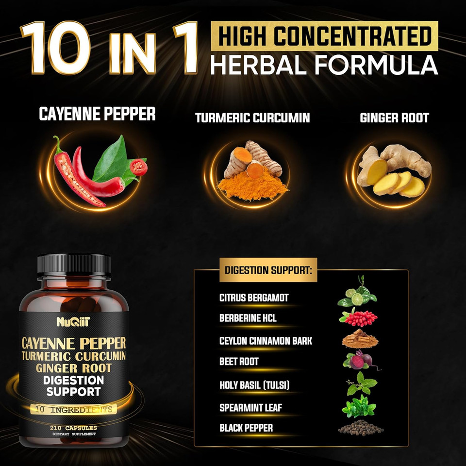Cayenne Pepper Supplement With Turmeric Curcumin Root, Ginger Root, Ceylon Cinnamon Bark & More - Immune System, Joint Health & Digestive Health Support - 210 Capsules