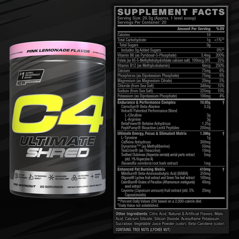 Cellucor C4 Ultimate Shred Pre Workout Powder, Metabolism Supplement With Cayenne Extract+300Mg Caffeine+Teacrine+Dynamine - Cherry Limeade, 20 Servings