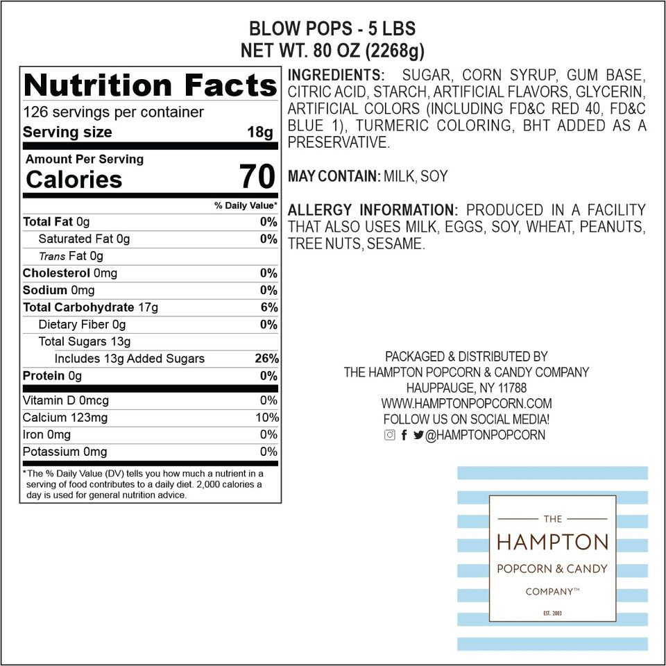 Charms Blow Pops, 5Lb Bulk Bag (Approx 115), Assorted Fruit Flavored Bubble Gum Filled Lollipops, Individually Wrapped Bulk Hard Candy, The Hampton Popcorn & Candy Company