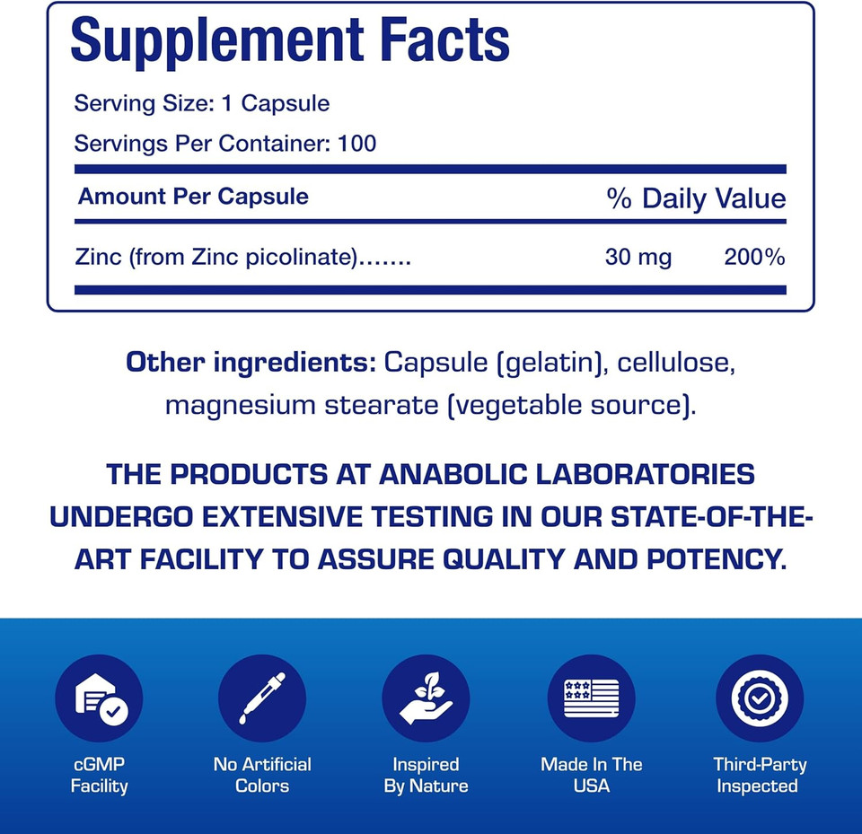 Chelated Zinc Picolinate 30Mg - Clinically Formulated High Potency Zinc Supplement For Women & Men For Healthy Skin Bone & Immune System Support - Vegan Non-Gmo & Easy To Swallow - 100 Servings