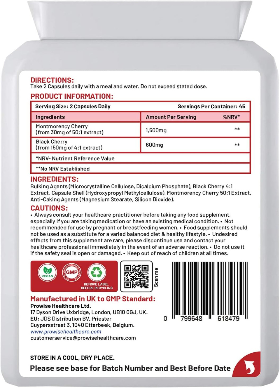 Cherry Max+ 2100Mg Montmorency Cherry Added With Black Cherry I 90 Vegan Capsules High Strength I Made In The Uk By Prowise Healthcare