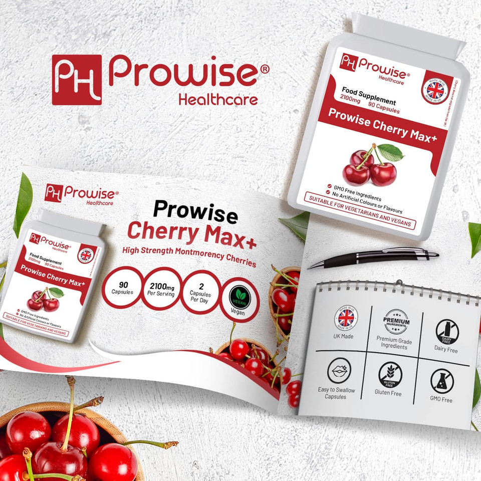 Cherry Max+ 2100Mg Montmorency Cherry Added With Black Cherry I 90 Vegan Capsules High Strength I Made In The Uk By Prowise Healthcare