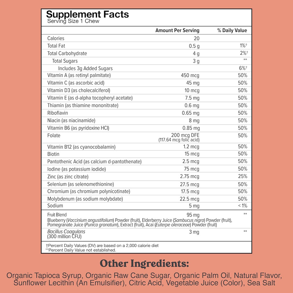 Chewsy Kids Multivitamin, Delicious Candy-Style Daily Vitamin Chews + Probiotics + Superfoods, Wild Berry Flavor Chewable Fruity Supplement Chews, Individually Wrapped, Easy To Enjoy, 30-Day Supply