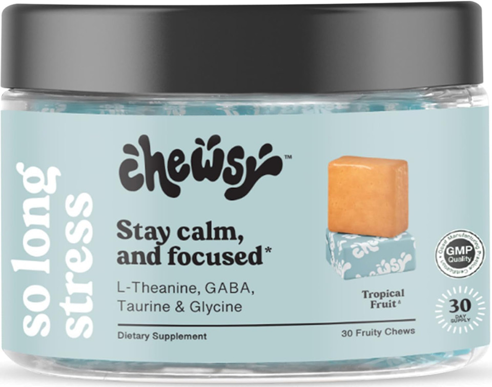 Chewsy So Long Stress, Calm Fruity Chews, Stay Calm & Focused. W/L-Theanine, Amino Acid, Gaba, Glycine, Tyrosine, Taurine & Magnesium. Non-Gmo And Gluten-Free. Tropical Fruity Chews, 30-Day Supply