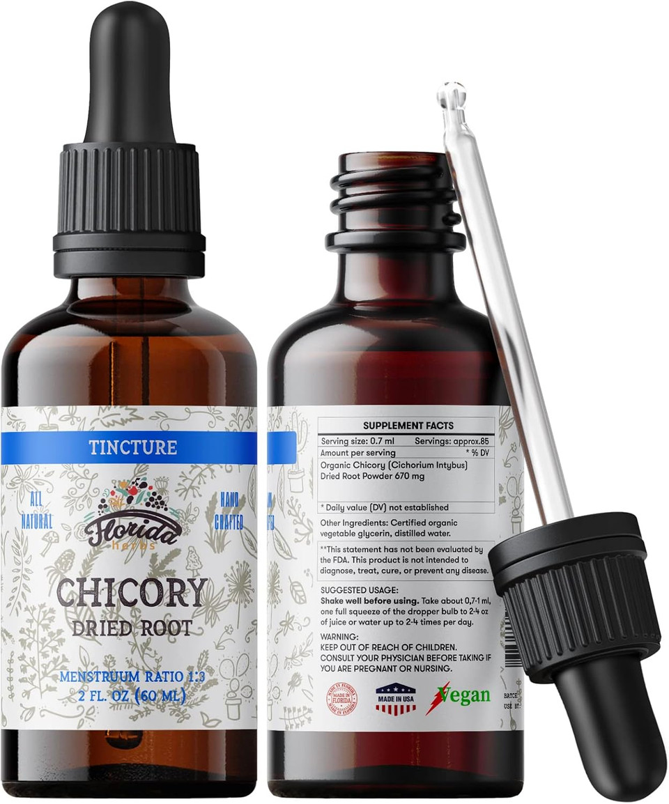 Chicory Tincture Extract, Organic Chicory (Cichorium Intybus) Dried Root For Loss Of Appetite, Liver, And Gallbladder, Non-Gmo In Cold-Pressed Organic Vegetable Glycerin 2 Oz (60 Ml), 700 Mg