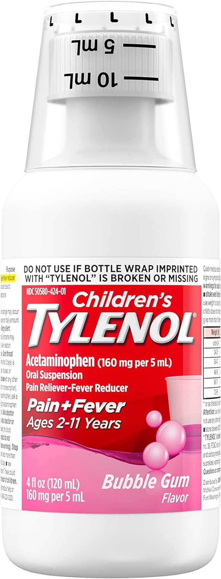 Children'S Tylenol Oral Suspension Medicine, Kids' Liquid Medicine Pain Reliever & Fever Reducer For Cold + Flu Symptoms, Aspirin-, Ibuprofen- & Alcohol- Free, Bubble Gum, 4 Fl. Oz