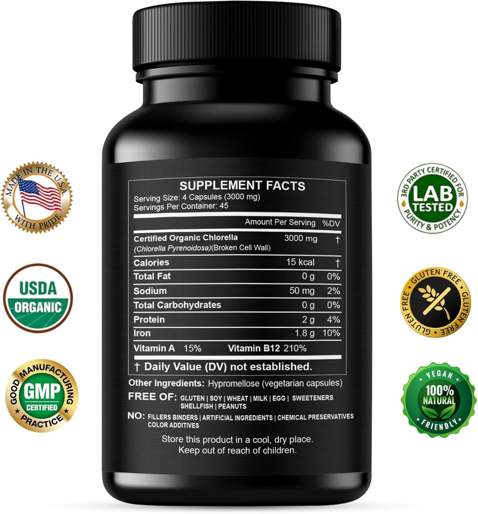 Chlorella Capsules Organic 3000 Mg - Cracked Cell Wall Blue Green Algae Supplement - Best Natural Detox Cleanse - Plant Vitamins Minerals Chlorophyll Vegan Protein Powder Pills - Made In Usa