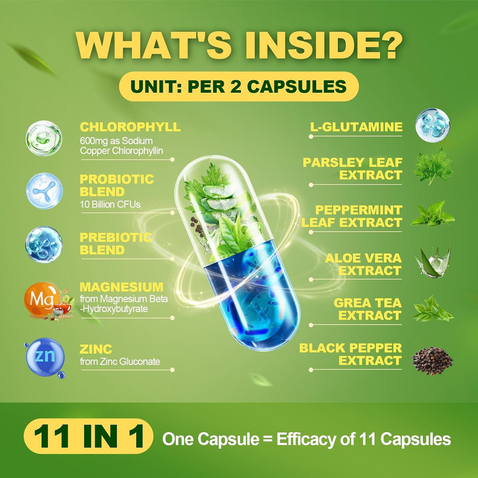 Chlorophyll Body Deodorizing Supplement With Probiotic & Prebiotic, Magnesium, Zinc, L-Glutamine Deodorant Supplements For Women & Men, 120 Count