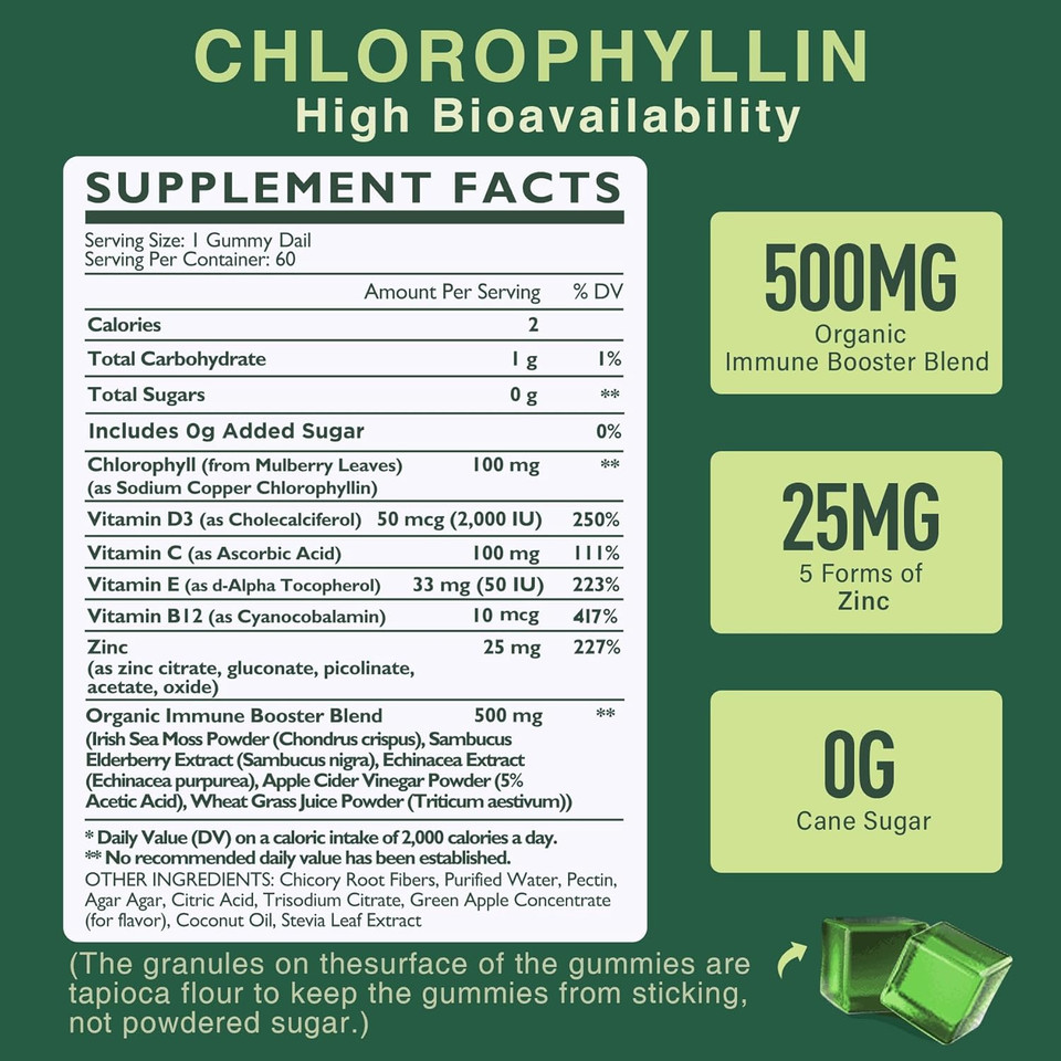 Chlorophyll Gummies - Super Green With Wheat Grass, Sea Moss, Unfiltered Acv & Elderberry, Echinacea, Zinc Complex & Vitamin D3, C, E, B12 For Natural Deodorant, Immune & Digestion Support, 60 Chews