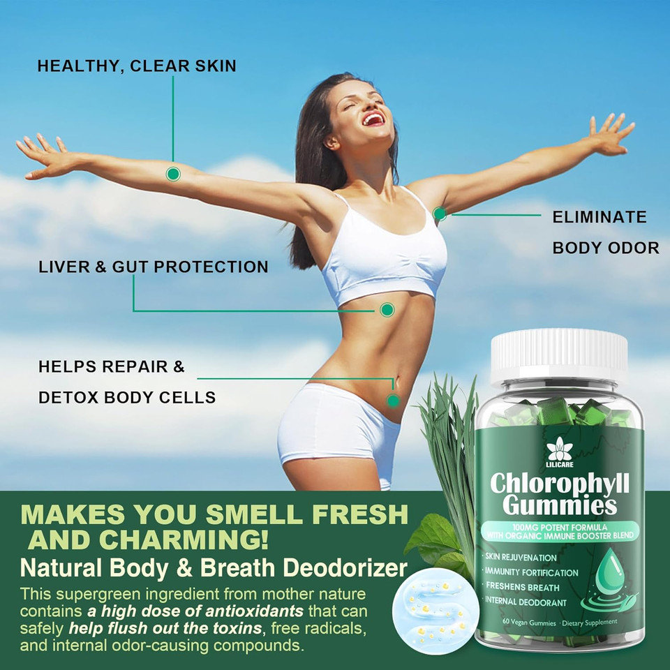 Chlorophyll Gummies - Super Green With Wheat Grass, Sea Moss, Unfiltered Acv & Elderberry, Echinacea, Zinc Complex & Vitamin D3, C, E, B12 For Natural Deodorant, Immune & Digestion Support, 60 Chews