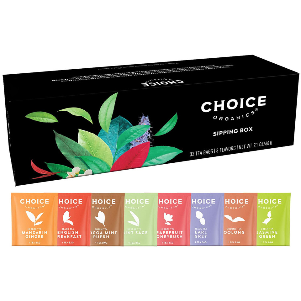 Choice Organic Teas Sipping Box Tea Sampler, Variety Gift Box, 32 Total Tea Bags, 8 Flavors, Caffeinated And Caffeine-Free Teas, Sustainably Sourced Organic And Non-Gmo Ingredients