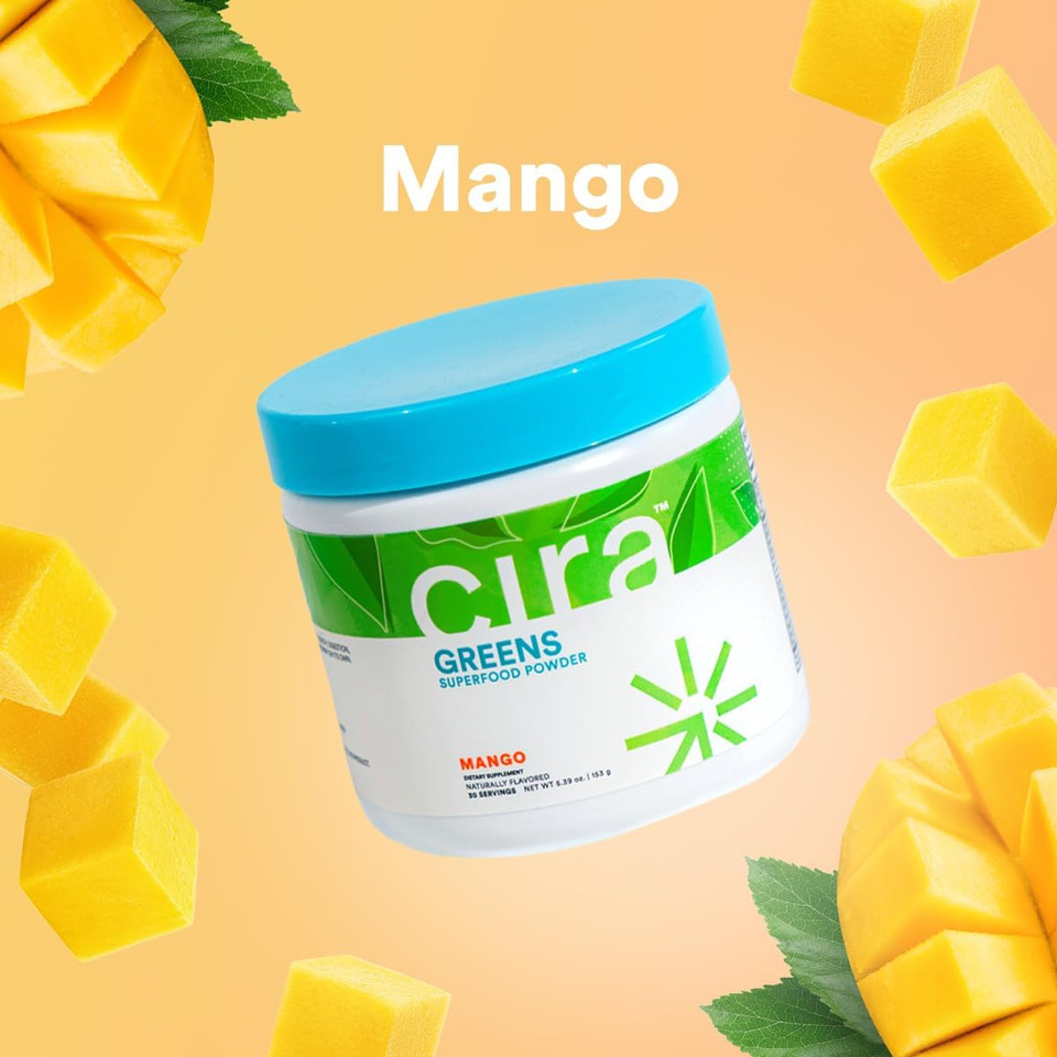 Cira Daily Greens - Naturally Sweetened, Organic Spirulina Superfood Powder With Premium, Antioxidant-Rich Ingredients For Debloating, Digestion, & Energy - Mango, 30 Servings
