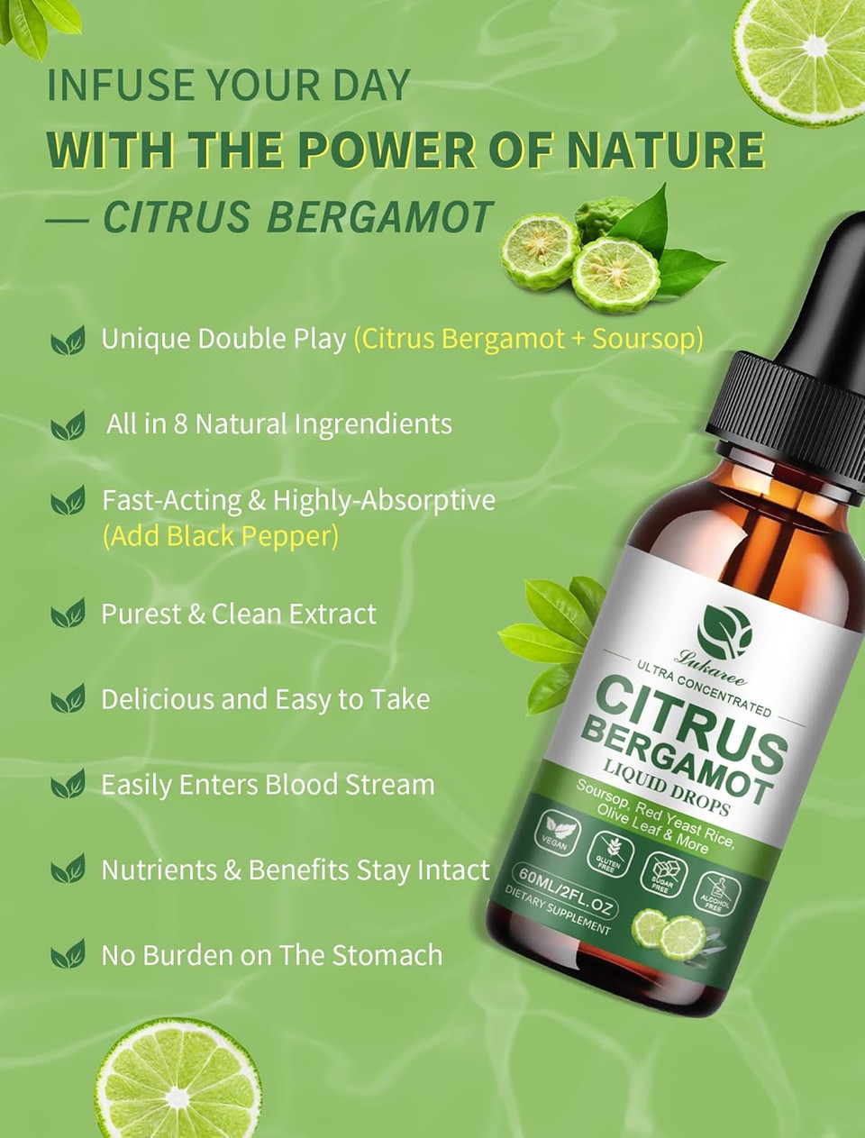 Citrus Bergamot Liquid Drops - Natural Supplement With Soursop, Red Yeast Rice, Garlic, Olive Leaf, Black Pepper - High Absorption - Support Overall Wellness* - Soursop Bitters Liquid, 2 Fl Oz