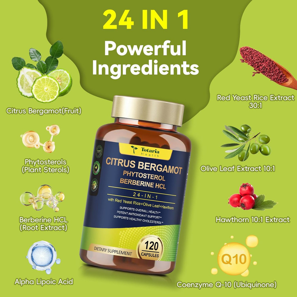 Citrus Bergamot Supplement For High Cholesterol - Italian Citrus Bergamot Supplement & Plant Sterols Stanols For Man And Woman Cholesterol Health, Vegan, Non-Gmo, 120 Counts