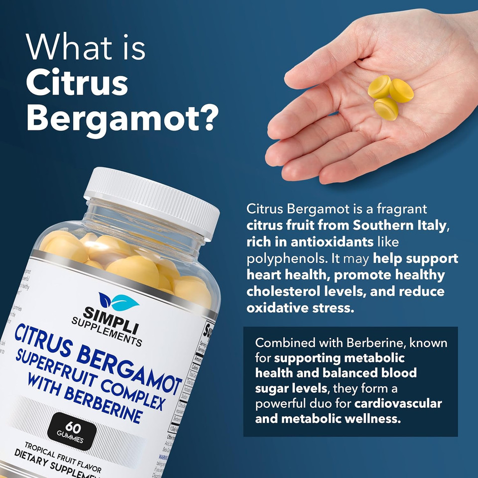 Citrus Bergamot Supplement For High Cholesterol | 60 Citrus Bergamot Gummies With Berberine For Heart Health | Italian Citrus Bergamot 500Mg | Support Healthy Cholesterol Levels