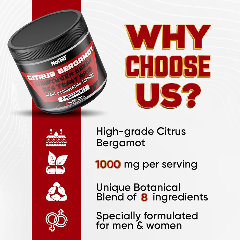 Citrus Bergamot With Red Yeast Rice, Heart & Circulatory Function Support As Black Chokeberry, Hawthorn & More - Immune System, Heart Health & Comfortable Mood - 60 Capsules