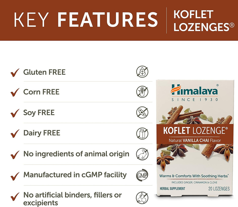 Himalaya Koflet Lozenges, Vanilla Chai Flavor, Natural Herbal Cough Drop For Warming Relief And Soothing Comfort, 130 Mg, 20 Lozenge
