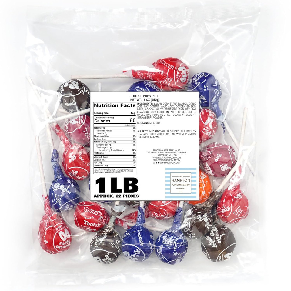 Classic Roll Pops With Chocolate Center Lollipops, 1Lb Bulk Bag (Approx 22 Count), Original Assorted Fruit Flavors, The Hampton Popcorn & Candy Company