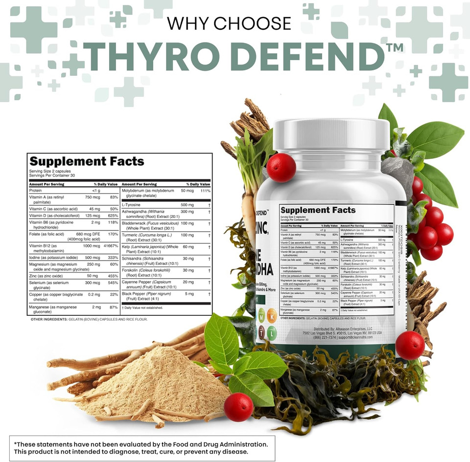 Clean Nutra Selenium 300Mcg Iodine 500Mcg Thyroid Support For Women & Men | L Tyrosine 500Mg Ashwagandha Supplement Bladderwrack, Turmeric, Kelp, Schisandra Zinc Pills Capsule Supplements