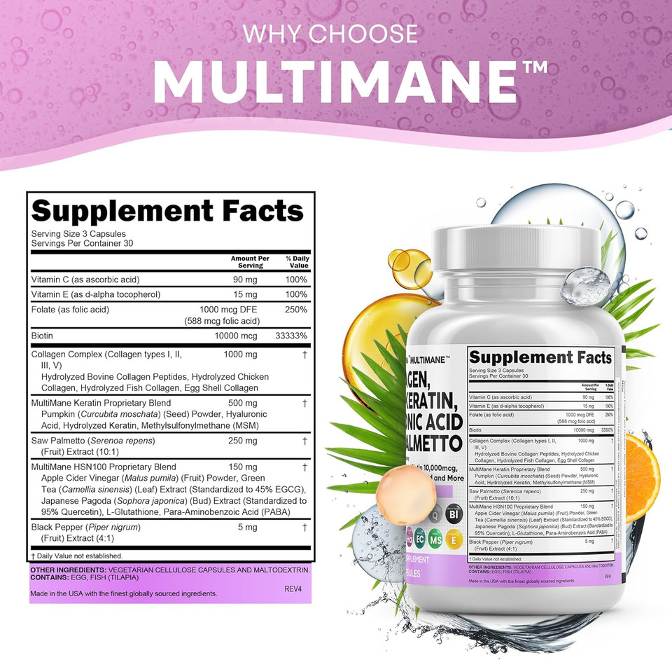 Clean Nutraceuticals Collagen Pills 1000Mg Biotin 10000Mcg Keratin Saw Palmetto Hyaluronic Acid - Hair Skin & Nails Vitamins & Dht Blocker With Vitamin E Folic Acid Pumpkin Seed Msm - 90 Count