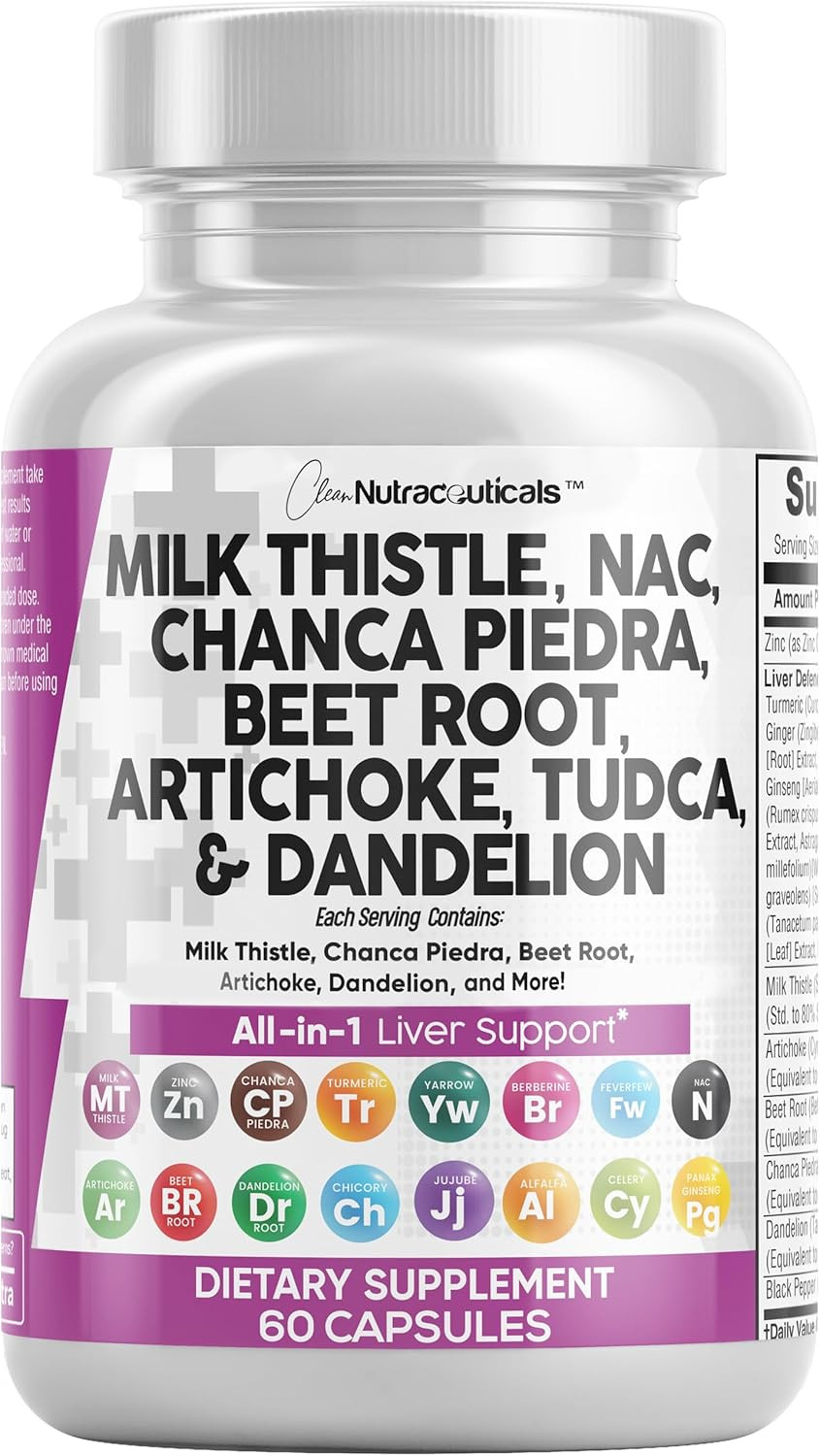 Clean Nutraceuticals Milk Thistle Nac Chanca Piedra Beet Root Artichoke Dandelion Root - Liver Cleanse Detox & Repair Supplement Plus Tudca Choline & Ginger 60 Count