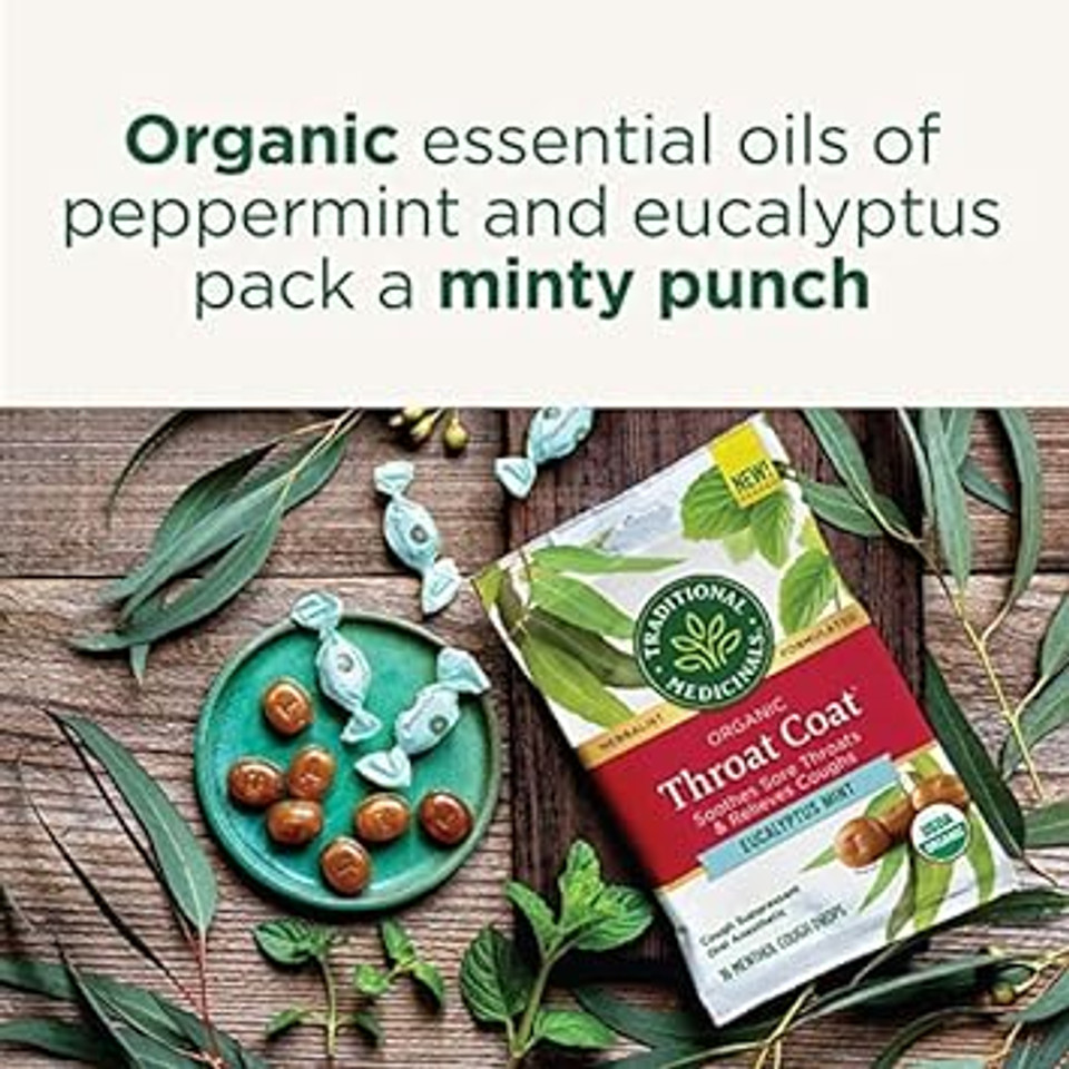 Traditional Medicinals Throat Coat Seasonal Wellness Lozenges, Eucalyptus Mint, 2.67 Oz, 2-Pack
