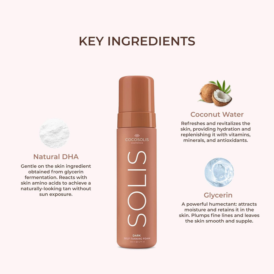 Cocosolis - Solis | Dark Self Tanner | Self Tan For Face & Body | Tanning Mousse For A Rich, Natural And Long-Lasting Tan | Organic Self Tanner - Plant-Based Dha (200 Ml)